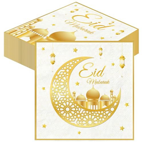 Eid Ramadan Dekoration Eid-Mubarak Servietten - Servietten Ramadan Mubarak Servietten Eid Mubarak Tischdeko Eid Papierservietten für Eid Ramadan Deko Ramadan Napkins 33x33cm Eid Party Deko (80Stück)