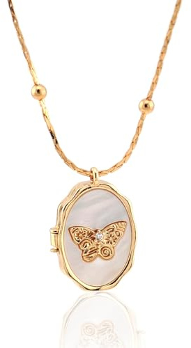 TELAIN Dainty Gold Necklace for Women, 14k Gold Butterfly Shell Locket Charm, Gifts for Women Teen Girls