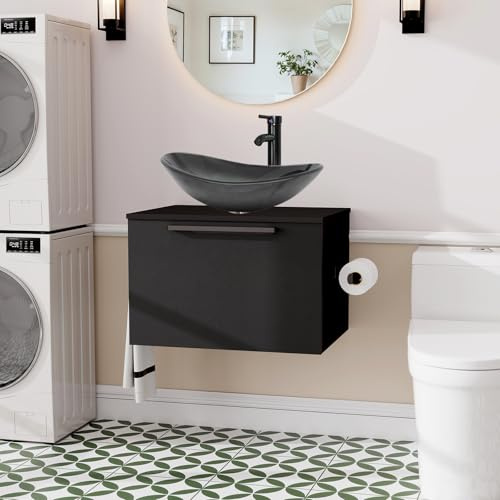 ZealWe Badmöbel-Set Waschtisch mit Unterschrank 60cm, Waschbeckenunterschrank mit Waschbecken, Badezimmermöbel Matt Schwarz Badezimmerschrank Hängend, 2-teilig, für kleine Bäder Gäste WC, Dunkelgrün