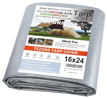 Tarps Heavy Duty Waterproof 16x24ft,TEZONG Silver Tarp 12Mil Plastic Tarpaulin Outdoor Tarp Cover for Emergency Rain,Patio Furniture,Wood,Roof,Camping,Car,Pool