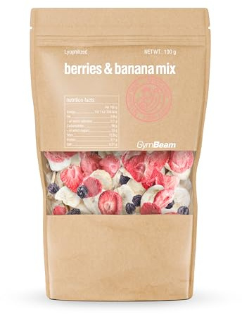 GymBeam Gefriergetrocknete Früchte – Lyophilisierte Beeren- und Bananenmischung mit exotischem Geschmack, süße Banane, frische Blaubeeren und Erdbeeren, ideal für Snacks und Wanderungen, 100 g