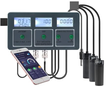 LPUHHDA Kits d'analyse de Sol, Testeur de qualité de l'eau d'aquarium 8 en 1, WiFi, Tuya, Moniteur intellint de pH, ORP, TDS, EC, SEL et Temp, for Eau Potable, Piscine