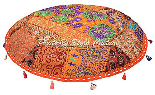 Stylo Culture Ethnisch Dekorativ Rund Bodenkissenbezug 100x100 cm Groß Bodenkissen Pouf Vintage Orange Boho Patchwork Seat Lounge Baumwolle Bestickt Boden Sitzkissen Hocker