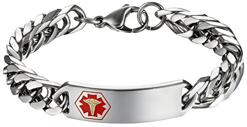 Flongo Pulsera de identificación médica Cruz, Placa Personalizada de Acero Inoxidable Brazalete Alerta médica para alergias, Hombre Grande Pulsera Plateada