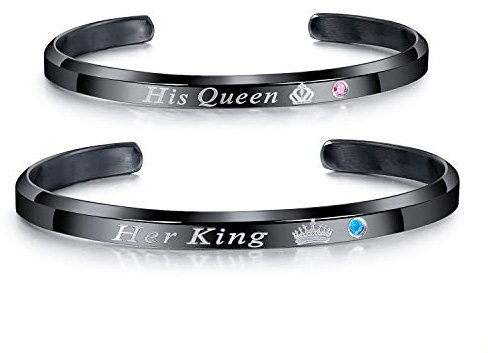 Cupimatch Armband Paare Edelstahl mit Gravur His Queen Her King Armbänder Offen Zirkonia Geschenk für Paare