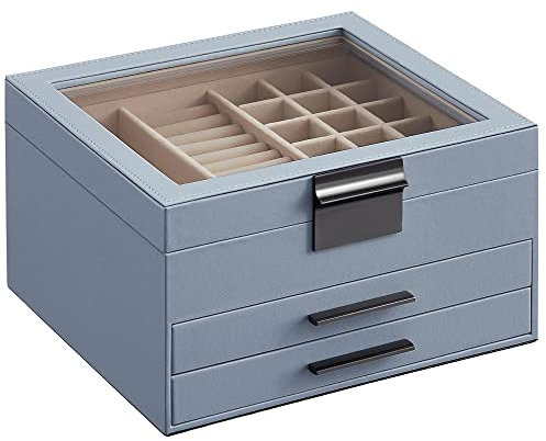 SONGMICS Schmuckkästchen, Schmuckkasten mit 3 Ebenen, Schmuckbox mit Glasdeckel, 2 Schubladen, Schmuckaufbewahrung, viel Stauraum, modern, Geschenk für Ihre Liebsten, rauchblau-silbern JBC239BU