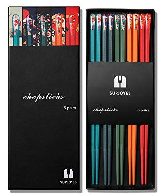 SUPJOYES 5-Pairs Fiberglass Chopsticks: Reusable Japanese Chopsticks Dishwasher Safe, 9 1/2 Inches, Colorful Gift Set with Different Asian Pattern, Non-Slip Chop Sticks