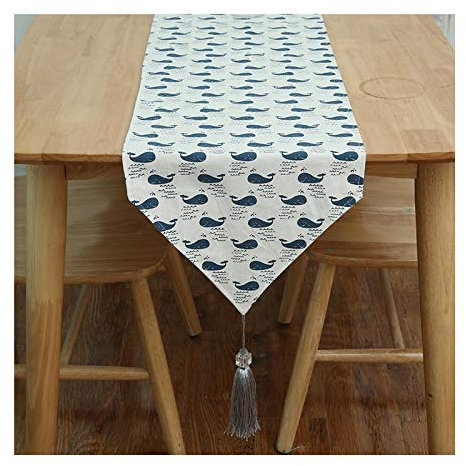 Rubyia Tischband Tischläufer, Walfisch Tisch-Läufer für Esstisch Deko Wohnzimmertisch, Baumwolle Leinen, 30 x 140 cm, Blau