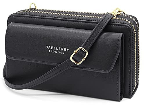 YERUUE Handytasche mit Geldbörse zum Umhängen, PU Leder Crossbody Schultertasche Reisepass Handytasche mit Kartenschlitz Verstellbar Abnehmbar Schultergurt, Clutch Schwarz Handtasche