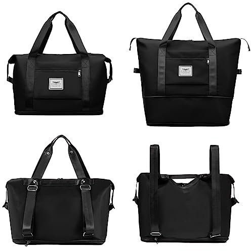 FIORETTO Womens Expandable Gym Tote Bag Duffle Bag with Wet Pocket, Travel Bag Weekend Overnight Bags with Double Shoulder Strap, Water-Resistant Carry On Hospital Holdalls for Women Black