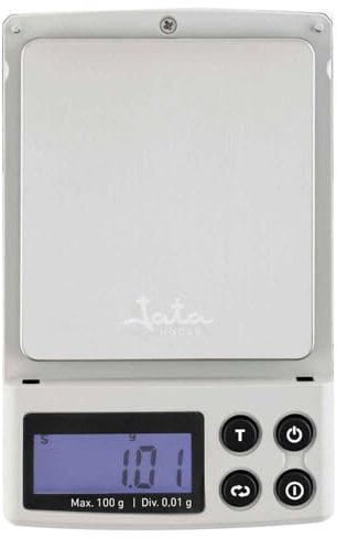 JATA HOGAR HBAL1774 - Báscula de precisión con pantalla LCD. Hasta 100 g. Superficie de acero inoxidable 6,5 x 7 cm. Con tapa y funda protectoras. Función de calibración