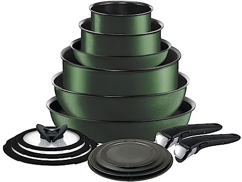 T-fal Ingenio Expertise Non Stick Cookware Set 14 Piece, Induction, Oven Broiler Safe 500F, Cookware, Pots and Pans Set, RV, Camping, Frying Pans, Dishwasher Safe, Detachable/Removable Handle, Green