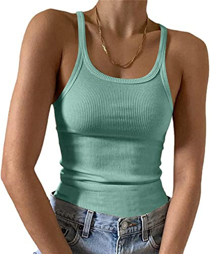 Feziakuk Spaghetti Top Damen Sexy Ärmellos Unterhemd Gerippte Tank Top Basic Einfarbig Camisole Sommer Oberteile, Hellgrün XL