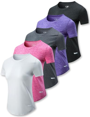 Heathered Damen-T-Shirt, kurzärmelig, 5er-Pack, Rosa meliert/Hellgrau/Anthrazit/Lavendel/Schwarz, XXL