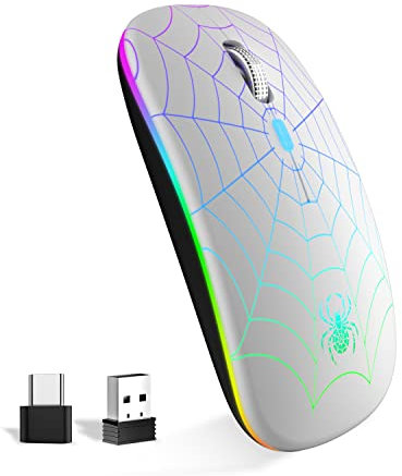 SZO Mouse Wireless Ricaricabile con Convertitore USB e Tipo-C,RGB a 7 Colori,Portatile e Precisione Regolabile (800/1200/1600),Argenteo