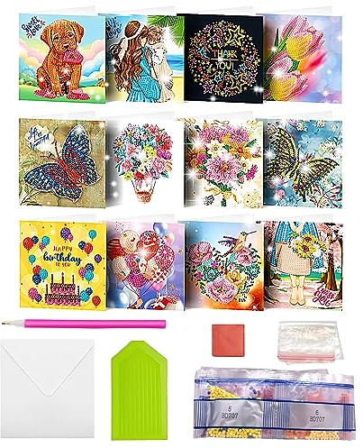 MEDOYOH 12er-Set DIY Diamond Painting Grußkarten mit Umschlag, Diamantmalerei Blanko Kunstkarten für Geburtstag Muttertag Weihnachten Jubiläum Erntedankfest, Hund und Blumen (07)
