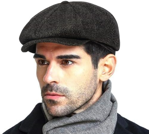 Peaky Stil Schirmmütze Herren, 50% wool Schiebermütze Schwarz Driving Cabbie Jagd Flatcap Newsboy Cap Tellermütze Fischgräten Tweed Retro Schlägermütze Gatsby Baker Boy Schirmmutzen Warm Komfortabel
