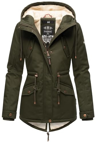 MARIKOO Damen warme Winterjacke mit kuscheliger verstellbarer Kapuze Manolya Dark Olive Gr. XL