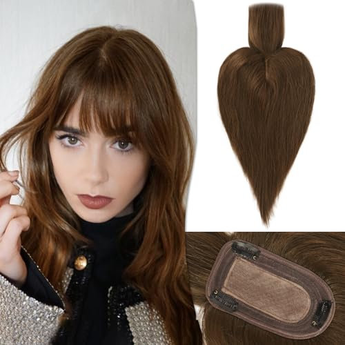 RUWISS Echthaar Hair Topper für Frauen Krone Toppers With Pony Kurze Perücken Haarteile für Dünnes Haar 7.5 * 13CM Silk Base 100% Echtes Menschliches Haar Clip in Topper 25 CM 35g (Mittelbraun)