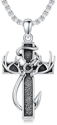 PROESS Kreuz Kette für Herren Hirschgeweih Halskette Angelhaken Halskette 925er Sterlingsilber Angelkreuz Anhänger Kreuzschmuck Geschenke für Männer
