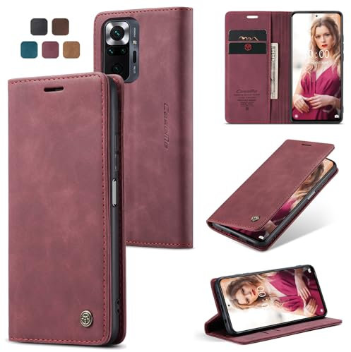 owlhold Handyhülle für Xiaomi Redmi Note 10 Pro/10 Pro MAX Hülle, Premium Lederhülle Weiches Vintage-Nubukleder Faltbare Ständer Klapphülle Schutzhülle für Redmi Note 10 Pro/10 Pro MAX -Weinrot