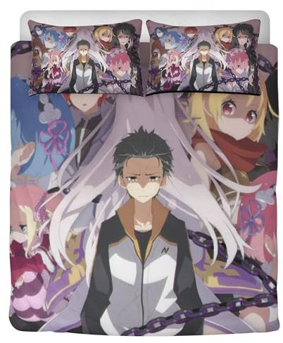 STARSAY re Zero Kinder Bettwäsche 135x200 Mit Reißverschluss Bettbezug & 2 Kissenbezug 80x80cm,Schlafzimmer dekorative Bettwäsche-Sets Atmungsaktiv (Natsuki Subaru)