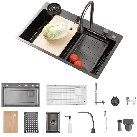 Lavello Cucina 86x50 cm Lavello Cucina 1 vasca Grigio Scuro Lavandino Multifunzione Cucina Moderno Lavello in acciaio inox Viene fornito con rubinetto, lavatazze, dispenser sapone (86 * 50cm)