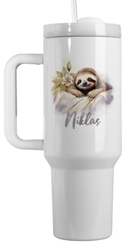Großer Trinkbecher mit Strohhalm Personalisiert | 1200ml Thermobecher mit Deckel und Strohhalm | Trinkflasche Bedruckt mit Faultier-Motiv und Name | Geschenkidee Ostern Erwachsene | Blume