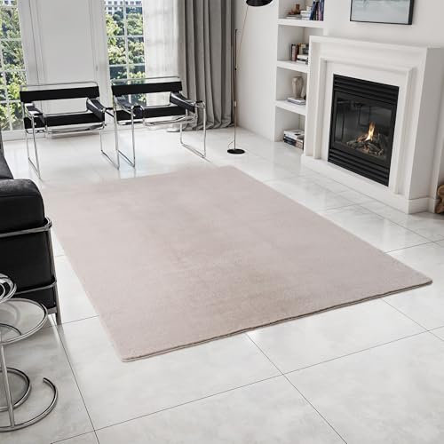HomebyHome Kurzflor Teppich Wohnzimmer 200 x 280 cm Creme - Teppich Weich, Waschbar, rutschfest, modern einfarbig Design - für Schlafzimmer, Küche, Esszimmer