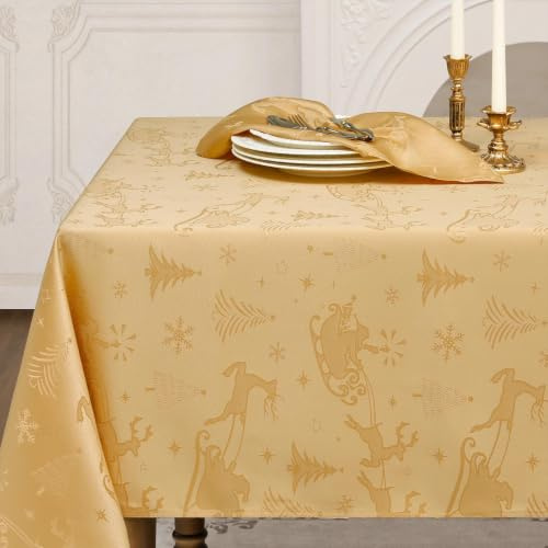 Romanstile Weihnachten Tischdecke 140 x 240 cm Gold abwaschbar & wasserabweisend,Jacquard Hirsch & Weihnachtsbäume,rechteckig Tischtuch Table Cloth für Esstisch,Weihnachtsdeko,Christmas,Fest,Xmas