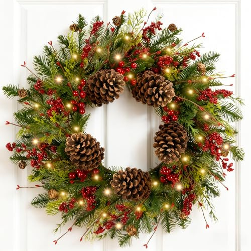 HO2NLE 22 Inch Prelit Christmas Wreath with Pinecone Red Berries Wreaths Christmas Door Decorations with 50 LED Lights Timer Battery Operated Winter Wreaths for Front Door Holiday Indoor Outdoor Decor