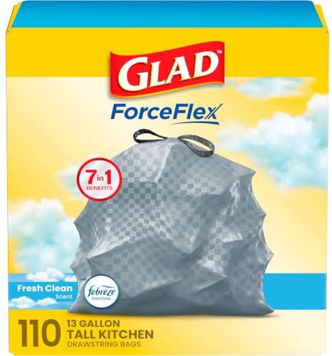 Glad Tall Kitchen Drawstring Trash Bags - Odorshield 13 Gallon White Trash Bag, Febreze Fresh Clean, 110 Count