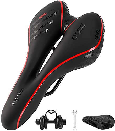 OUXI Fahrradsitz, Gel-Fahrradsattel, bequem, weich, atmungsaktiv, mit ergonomischem Design, für MTB, Mountainbike, Heimtrainer, Rennrad, Herren und Damen (Rot)