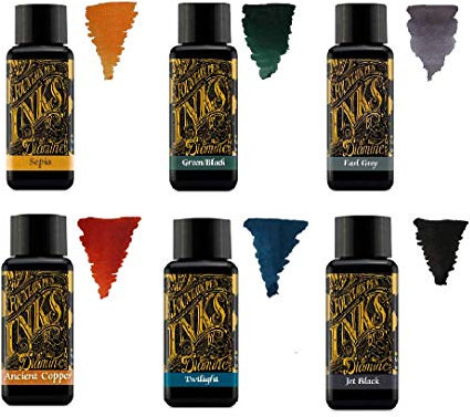 Diamine Fountain Pen Ink 30 ml - Base Colour - 6 x Bottles - Sepia, Green Black, Earl Grey, Ancient Copper, Twilight, Jet Black