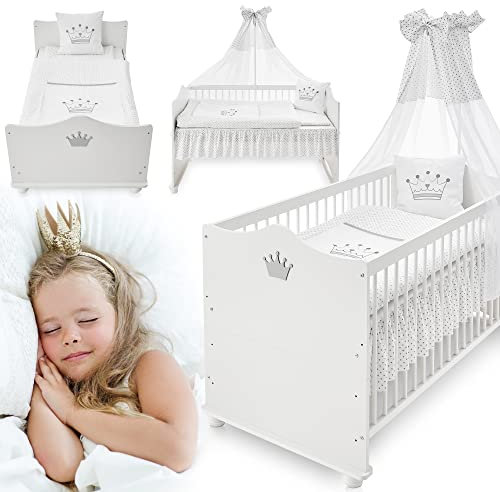 zooprinz Traumhaftes weißes Babybett umbaubar – vom 70x140 cm Babybett zum Juniorbett umbaubar – mit Matratze, Bettwäsche, Himmel, Premium Kinderbett