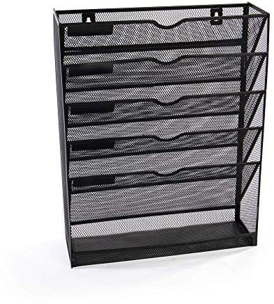 Metal Mesh Wall Mounted File Organiser Black | Office Tray | Magazine Rack | Paperwork Holder | Hanging Paper Storage | For A4 Documents | 6 Tier | M&W