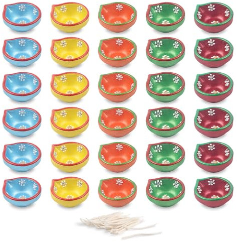 Deepavali-Teelichthalter, handbemalt, Diwali-Ton, Diya mit Baumwolldochten, Öllampe, indische festliche Heimdekoration, traditionelle Tempel, Pooja, Laxmi, Puja, Diyas, Diwali, Dekoration, 4 Stück