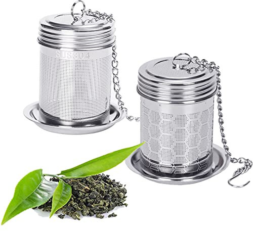 Teeei Teesieb für Losen Tee, COOLCHIC Teesieb Edelstahl 304 mit Deckel und Abtropfschale, 2er-Pack Loseblatt-Tee-Ei mit Kettenhaken, Teefilter Kaffeesieb Feinmaschiges Teesieb für Teeliebhaber