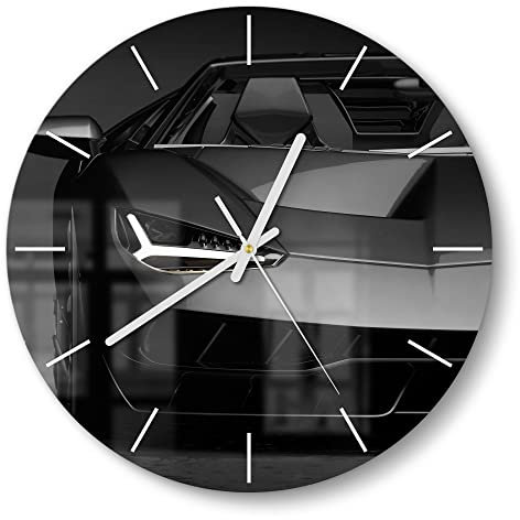 DEQORI Glasuhr | rund Ø 30 cm | Motiv Vorderansicht Sportwagen | ausgefallene leise Design Uhr aus Glas | Wanduhr für Wohnzimmer & Küche | Moderne Hingucker Uhr für die Wand