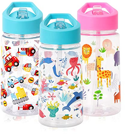 450ml Bouteille d'eau pour Enfants, Gourde Enfant avec Paille, Bouteille d'eau étanche pour Garçon Fille, Gourde avec Paille pour l'eau, Lait, Milkshake, Jus, Boisson, Café, Soupe (B)