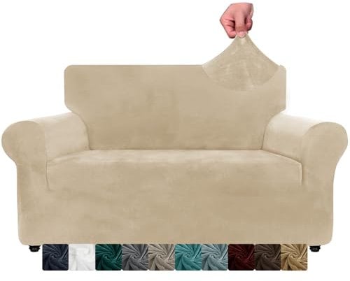 XINEAGE Samt Sofaüberzug 2 Sitzer, Stretch Sofa überzug für Wohnzimmer, Dicke Weiche Sofaüberwurf, Rutschfester Sofa Cover für Hunde, Haustiere (2 Sitzer, Kamel)