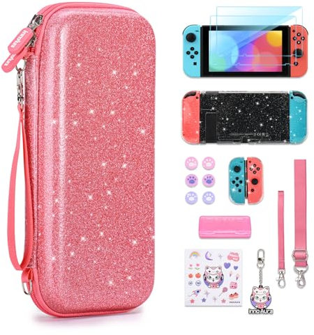 innoAura Switch Tasche, 16 in 1 Switch Zubehörset mit Switch Tragetasche Rosa, Switch Hülle, Switch Bildschirmschutz, Switch Spielhülle und Daumenkappen (Pailletten Rosa)