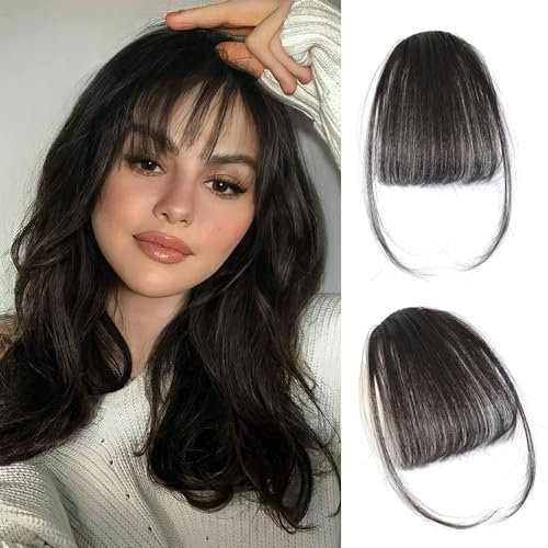 RPAEOY Haarschmuck Bangs Clip Haare Haarverlängerungen Flat Bang mit Schläfen Echthaar Front Face Fringe Pony Haarteile Pony Extension für Frauen das Tägliche Tragen (Bräunlich-schwarz)