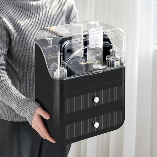 RMAN Porta Trucchi Antipolvere con 2 Cassetti da Bagno, Grande Capacità Organizer Makeup, Skincare Contenitore per Profumi, Ombretti, Creme, Nero