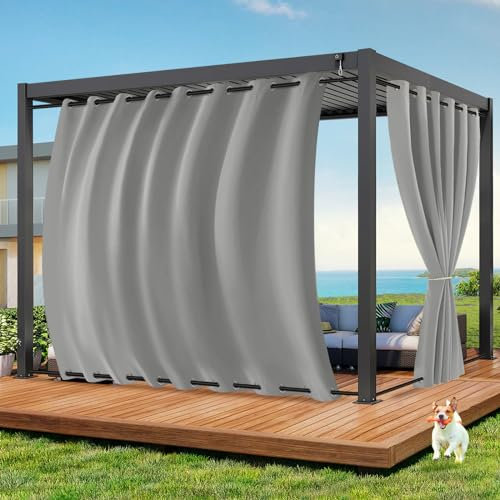 Qelus Outdoor Vorhang Wetterfest B254xH243CM, Wasserdicht Outdoorvorhänge mit Ösen, Aussen Gardinen Winddicht Sonnenschutz Sichtschutz für Garten Terrasse Balkon Pergola Pavillon (Hellgrau)