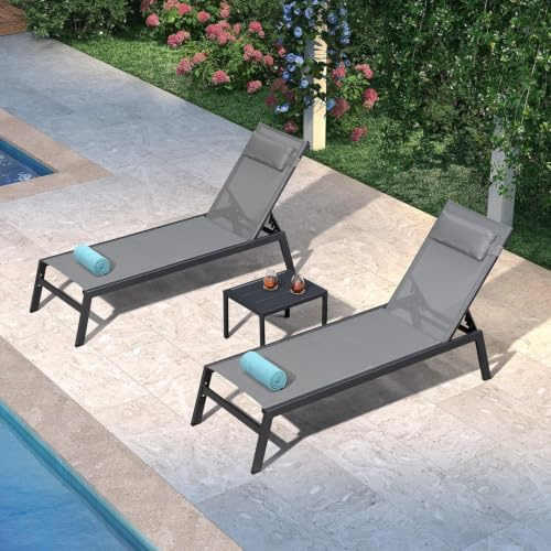 PURPLE LEAF 2er Set Sonnenliege Aluminium mit Kopfstütze, Grau | Verstellbare Kopfstütze, 5-Fach Verstellbar, Einfache Wartung, Rostbeständig, Beistelltisch aus Aluminium, Garten & Balkon