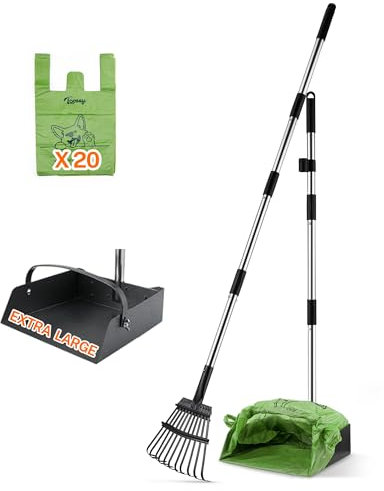 Toozey Hundekotschaufel mit extra großer Edelstahl-Kotschale und 138 cm langem Griff, einfache Abfallreinigung für große, mittelgroße und kleine Hunde, mit 20 Beuteln