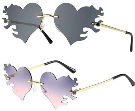 JJiaoLinin Herz Sonnenbrille Damen,2 Paare Herzchen Sonnenbrille Party Sonnenbrille Rahmenlose Sonnenbrillen Flammen Sonnenbrille für Hippie Kostüm, Party, Alltag für Damen und Herren