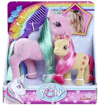 SIMBA 104342647 Kleine Einhorn Familie, 2 Pferde, beflockt, mit Kamm und 2 Haarclips, 10-14cm, ab 3 Jahre, Pink, Hellorange