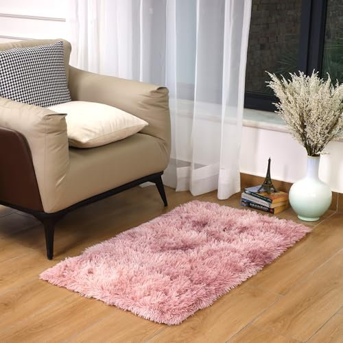 Oxford Homeware Rugs Living Room 60x110 cm – Tie-Dye Pink Lilac Area Rugs for Bedroom Anti Slip – Modern Super Soft Plush Carpets Fluffy Shaggy Rug for Lounge – Non Shedding Kids Bedside Rug